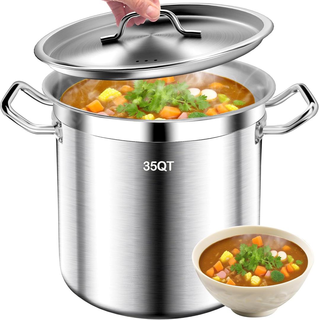 Large Stock Pot - 35Qt Brushed Stainless Steel Stock Pot With Lid