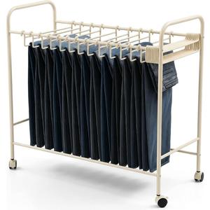 Rolling Pants Rack with 30 Hangers, Closet Organizer Trolley,  Jean and Skirt Closet Organizer, Metal Pants Rack with Wheels, Space Saving for Jeans Trousers Skirts, 30" x 30" x 13.5"