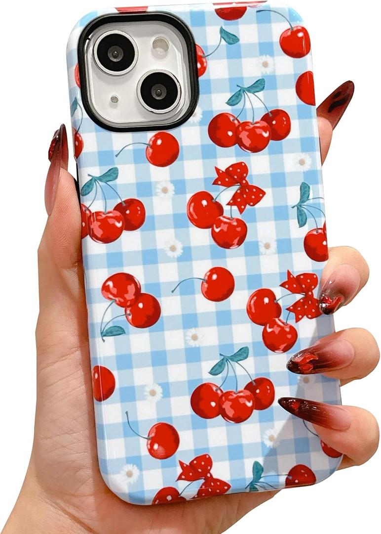 Designed for iPhone 13 Phone Case,Cute Flowers Cherry Bow Pattern with Shockproof Slim Soft TPU Hard PC Protective Phone Cases Cover for Women Girls Aesthetic-Blue Cherry