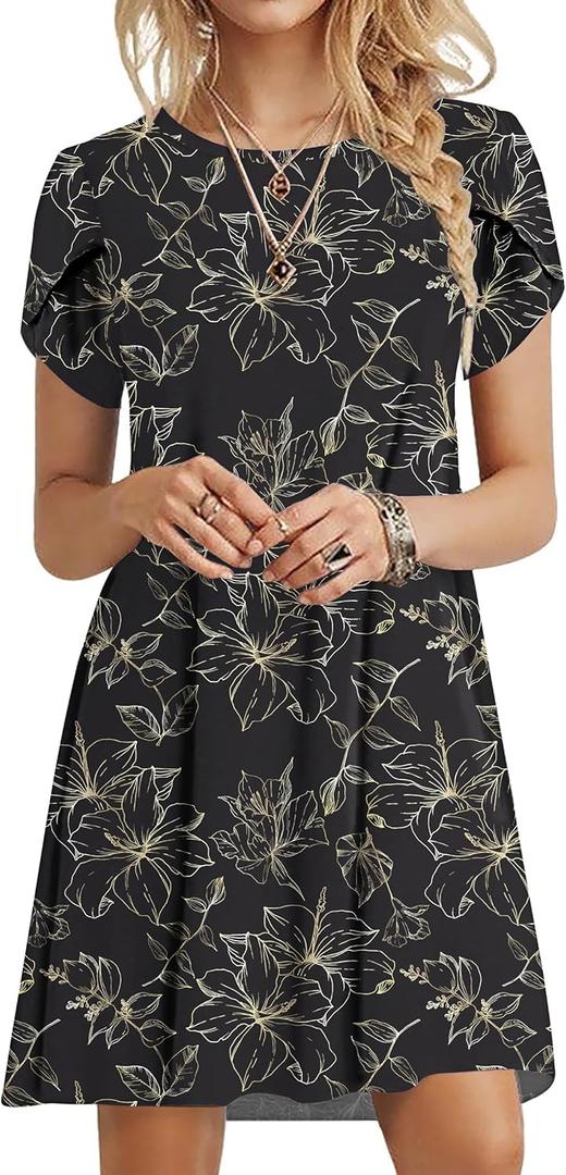 MOLERANI Summer Dresses for Women 2025 Casual T Shirt Crewneck Petal Sleeve Swing Vacation Dress with Pockets (M)