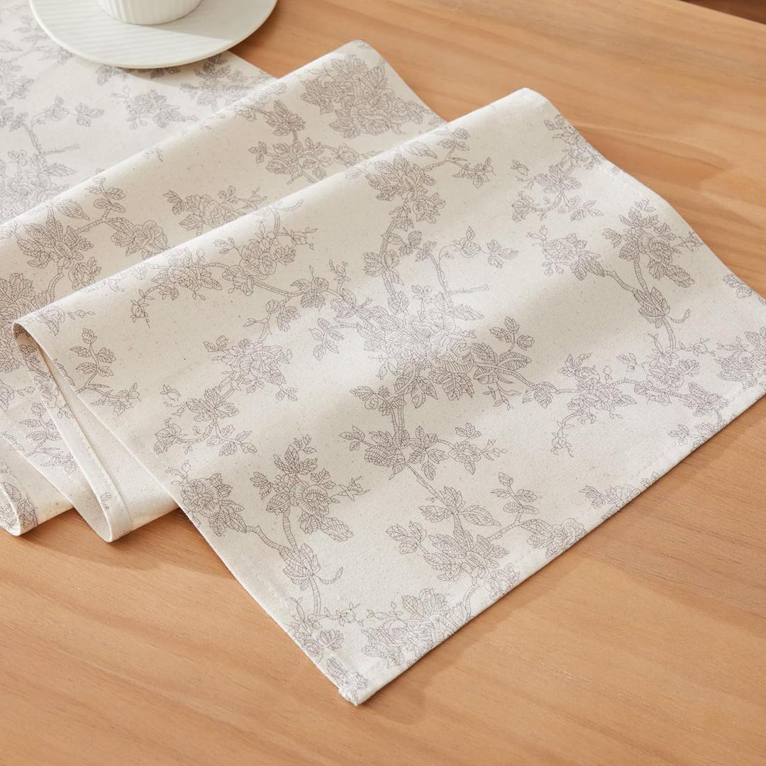 100% Cotton French Pastoral Table Runners, 13x36 Inch Grey Farmhouse Table Runners 36 Inches Long, Vintage Flowers Print Home Decors