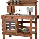 Mud Kitchen for Kids Outdoor 31.5in, Wooden Play Kitchen with Accessories for Kids Play Kitchen Set with Sink, Faucet, Plants Observation Room for Backyard Garden