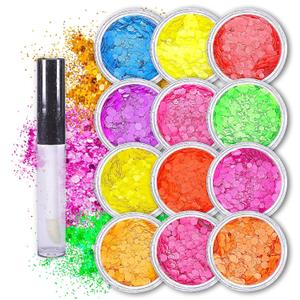 Neon Holographic Body Glitter I 12 Colors + 1 Glitter Glue for Face, Hair, Nail, Eye & Glitter Eyeshadow - Perfect for Halloween Makeup, Raves, Festivals, Resin, Tumblers, Cosmetic & Nail Art