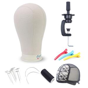 EERYA 22 Inch Canvas Block Head Set for Wig Display Making Hair Weave and Styling Mannequin Head with Mount Hole C Stand, Styling Hair Clips, T Needle, C Needles, Thread, Lace Wig Caps
