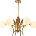 BOKT Mid Century Milk Glass Chandelier Gold G9 Ceiling Chandelier Light Industrial Metal Adjustable Pendant Lighting Farmhouse Large Globe Flush Mount Light Fixture for Dining Room Kitchen Indoor (6 Light-White)