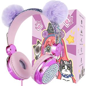 Kids Pom Headphones with Mic for Travel/Car/Plane,Added 85DB Limit Function&Shareport,Unicorns Gifts for Girls,On/Over Ear HD Stereo Wired Headsets with Nylon Cable-Hot-Purple