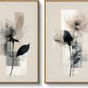 HUARCEY Large Modern Abstract Flower Wall Art Framed Canvas Set of 2, 16"x24" Minimalist Floral Paintings Artwork 2 Piece, Contemporary Neutral Tones Bedroom Living Room Kitchen Home Decor
