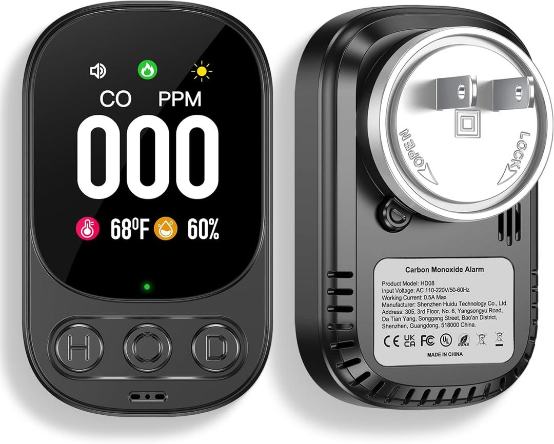 Carbon Monoxide Detector Plug in Wall, 3-in-1 CO Level Monitor Alarm with Temp/Humidity Sensor, Portable Carbon Monoxide Detectors Easy to Read & Install, for Home/Hotel/RV (Black-1Pack) (1 Pack)
