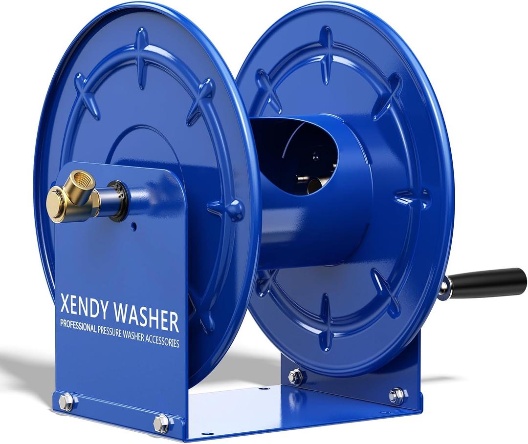 Pressure Washer Hose Reel 100FT x 3/8" or 200FT x 1/4", 4500 PSI Heavy Duty Steel Reel, M22 14mm Fitting, Manual Power Washer Hose Reel for Truck, Blue