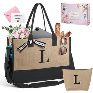 TRSODD Birthday Gifts for Women Mothers Day Gifts for Mom Wife Grandma Daughter Sister Bridesmaid Initial Jute Tote Bag and Makeup Bag L