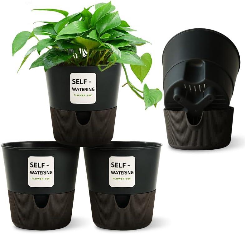 5/6.5/7.5 Inch Self Watering Pots for Indoor/Outdoor ,2 Pack plastic Planters for Indoor Plants with Drainage Holes and Saucers, Modern Decorative Flower Pot for Plants (Grey, 5-Inch, 4-Pack) (Gray)
