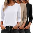 Ficerd 3 Pack 3/4 Sleeve Tops for Women Round Neck Dressy Basics Tees Casual Trendy Loose Fit T Shirts(White, Mocha, Black,Medium) medium