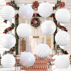 Poen 12 Pcs 6 Inch Extra Large Christmas Ball Ornaments Outdoor Christmas Tree Decoration Hanging Plastic Balls Oversized Glitter Xmas Balls for Outside Lawn Yard Tree Decoration(White)