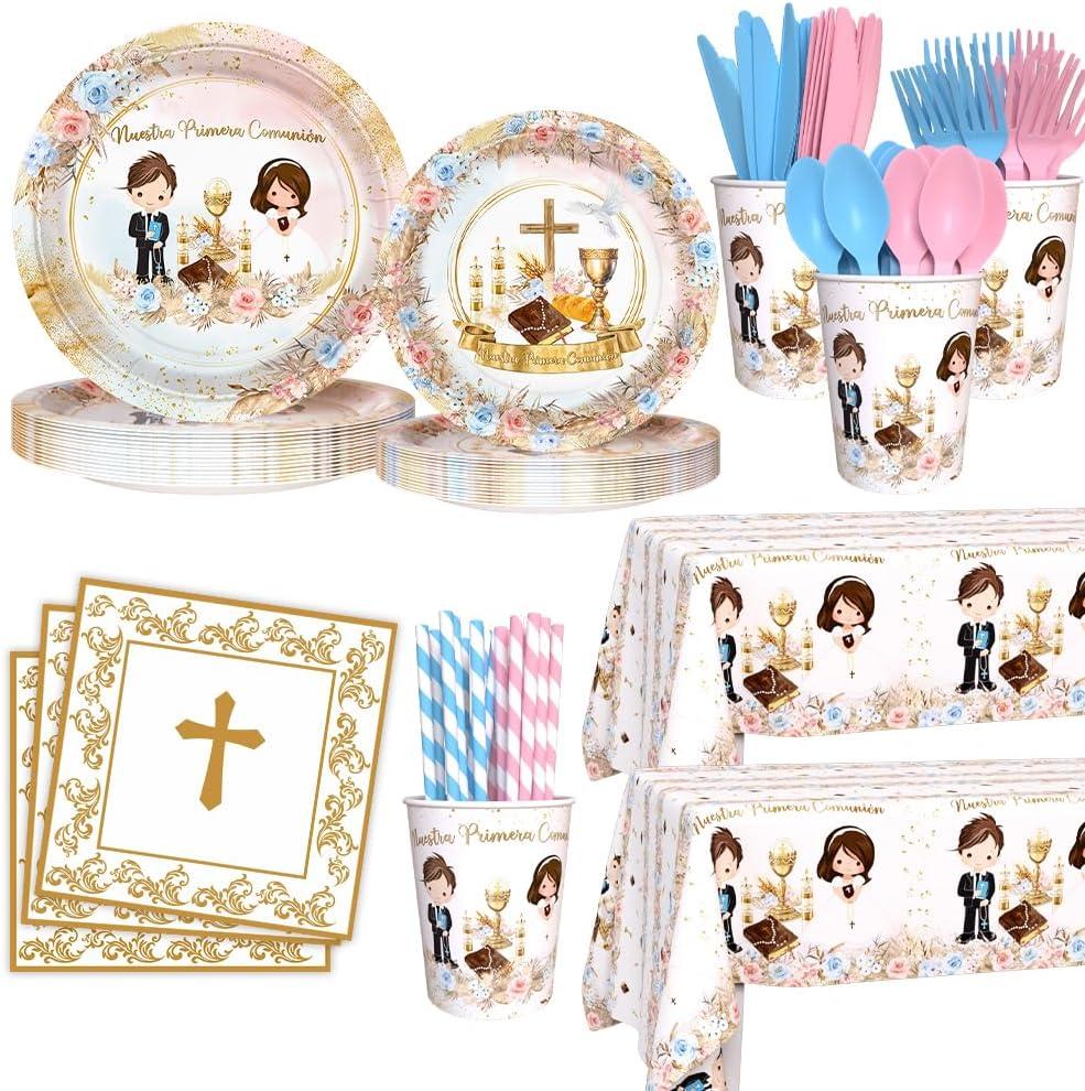 194 Pcs First Communion Baptism Party Decorations Boho Nuestra Primera Comunion Party Supplies Twins Christening Disposable Tableware Set with Plates Napkins Cups Tablecloth Serves 24