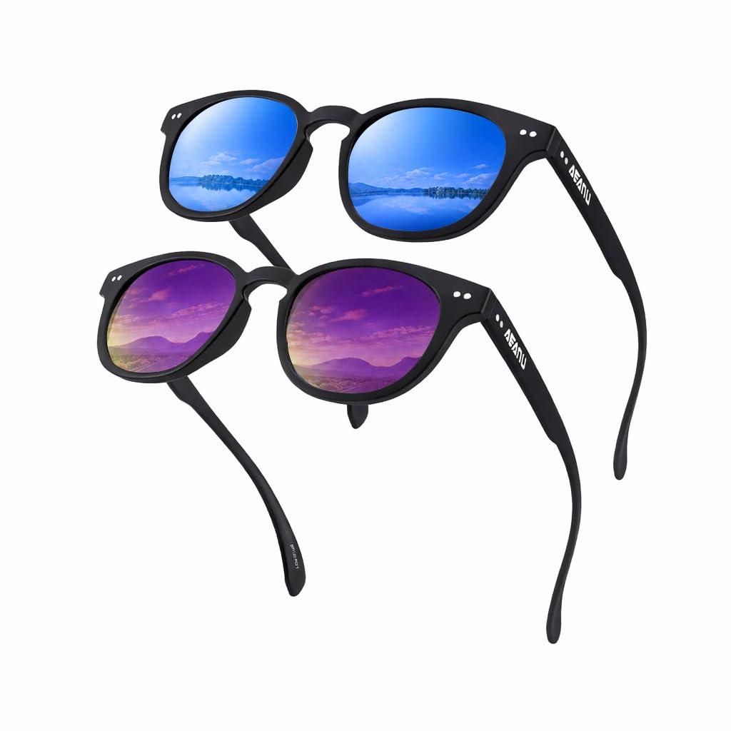 AEANU kids Polarized Sunglasses for pre-teens – Color Mirror Lenses with UV400 Protection – Lightweight Matte round Frame for cycling, Beach Days & Everyday Outdoor Use(2pack - Blue/Purple)