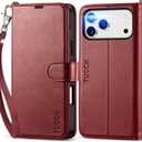 TUCCH Case Wallet with Wrist Strap for iPhone 17 Pro Max (6.9"), Dark Red | 4 Card Slots, RFID Blocking, Kickstand, Shockproof TPU Shell, PU Leather, Magnetic Closure, Folio Flip Cover