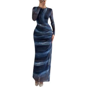 BEAUDRM Women's Y2k Leopard Print Mesh Sheer Bodycon Maxi Dresses Cheetah Long Sleeve Elegant Formal Wedding Guest Dress, Small 