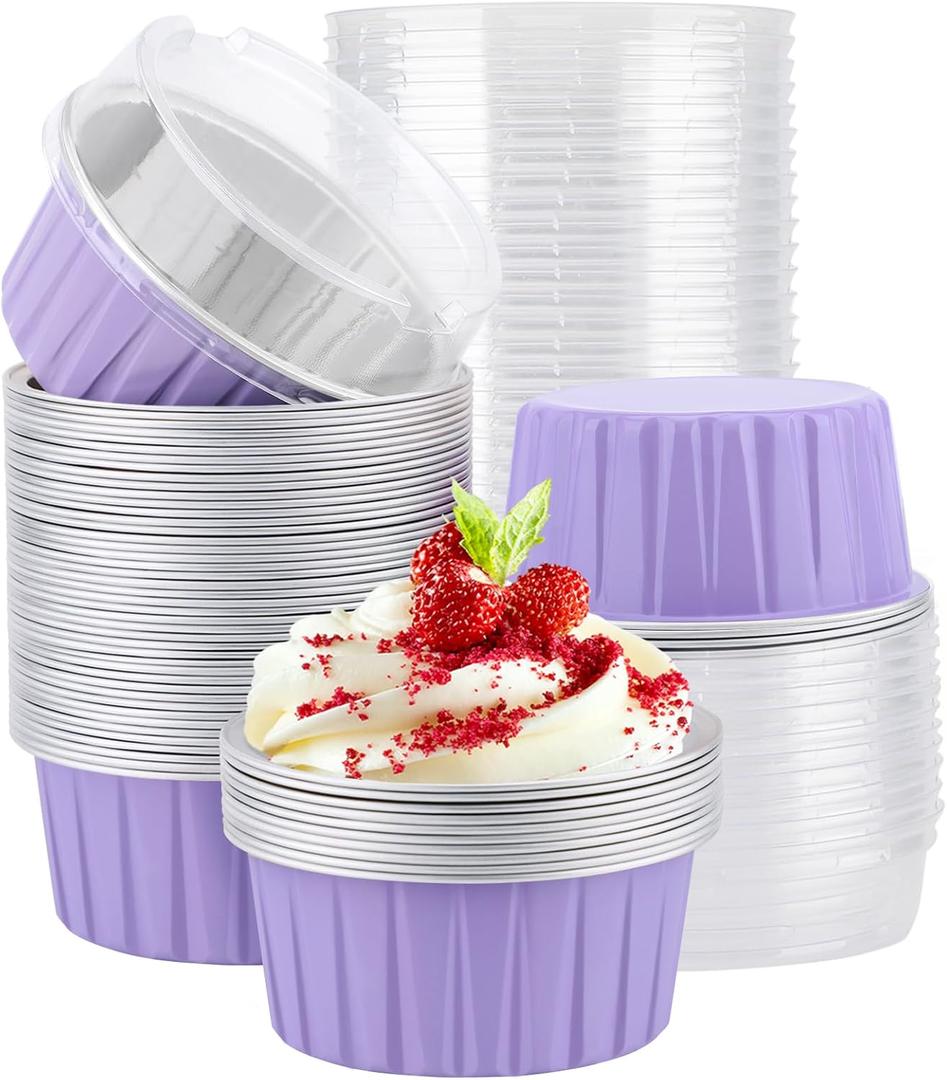 EUSOAR Aluminum Foil Baking Cups with Lids, 50pcs 5oz Creme Brulee Ramekins Disposable, Muffin Liners Cups Oven Safe Mini Cheesecake Foil Pans Dessert Containers with Lids for Party Favor Birthday (Light Purple)