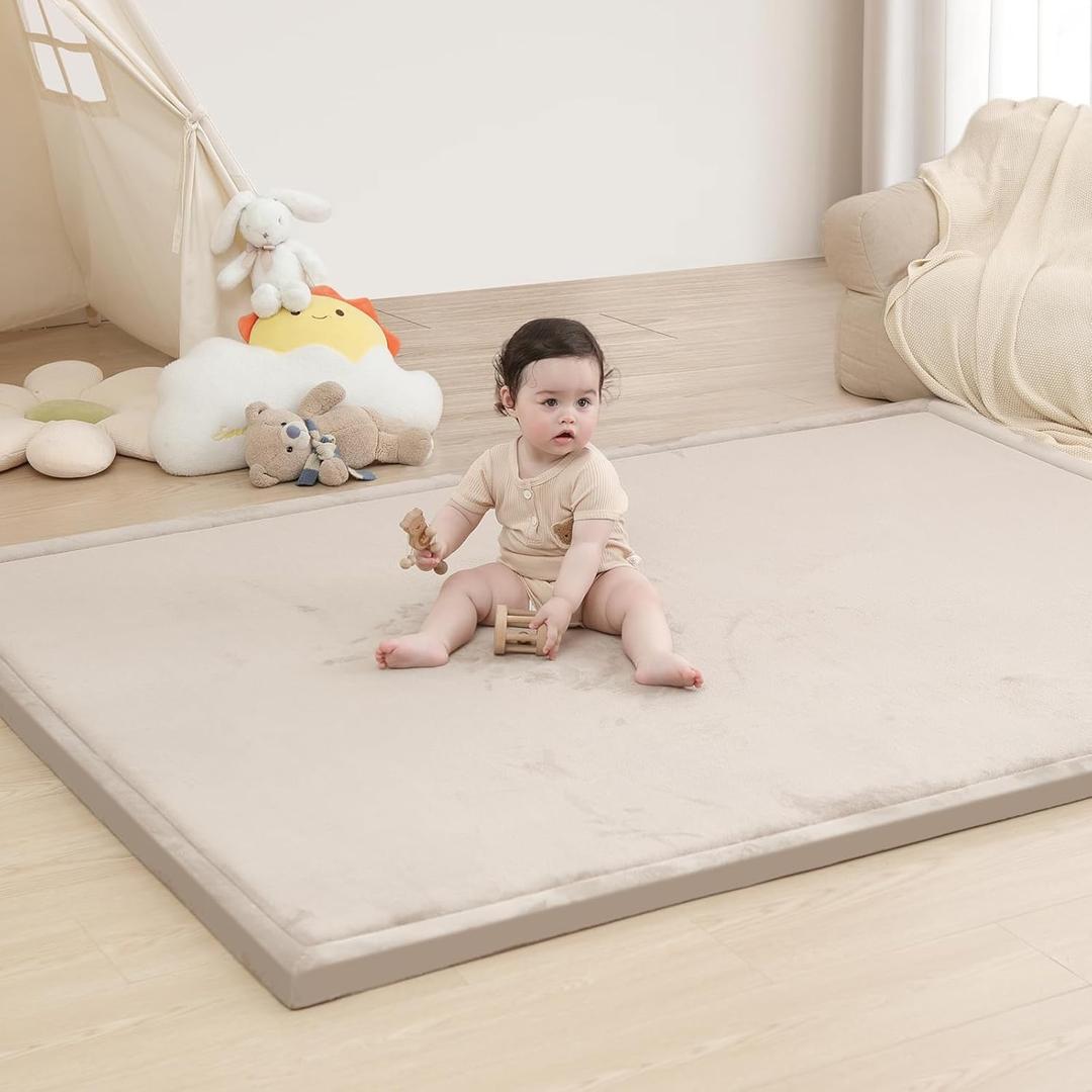 Baby Play Mat for Floor,1.3" Thick Elasti-Foam 7450 Playpen Mat for Toddlers Infant Kids,Water-Repellent Soft Coral Velvet for Tummy Time, Non-Slip Backing for Crawling,Tatami Style(Beige)