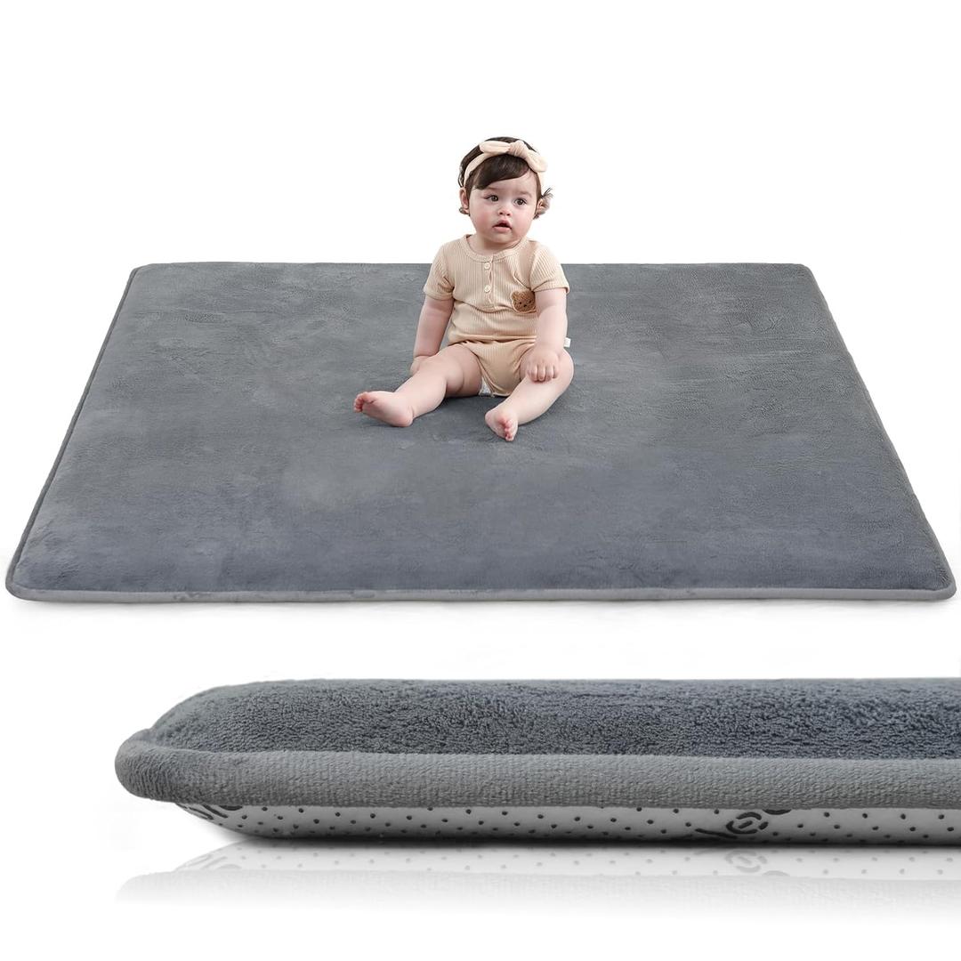 Baby Play Mat for Floor,1.3" Thick Elasti-Foam 50"50" Playpen Mat for Tummy Time, Water Repellent Soft Coral Velvet for Toddler, Infant, Kids, Non-Slip Backing Safe for Crawling (Dark Grey)