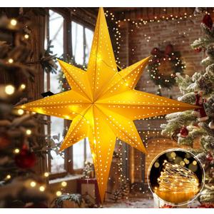 HOUSM 20" White Bethlehem Star Fold-Flat Christmas Star Lights Reusable Paper Lantern Lampeshade - Hanging Star Party Lantern Light with 1pcs Fairy Light String(30LED/1.5M)