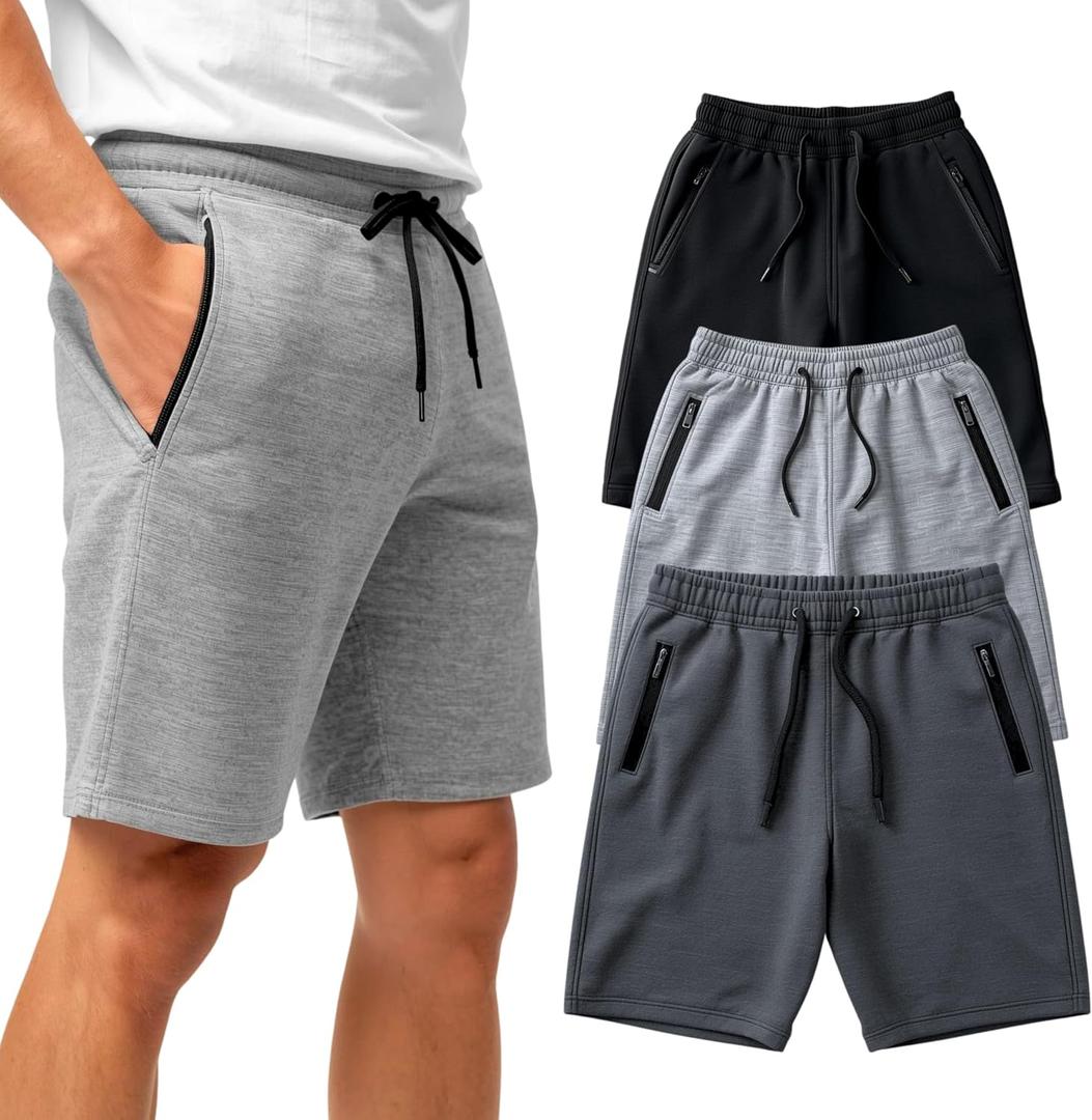 BROOKLYN VERTICAL Men's 3 Pack Fleece Cotton Active Jogger Shorts with Zipper Pockets and Drawstring | Size S