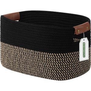 Cotton Rope Basket, Storage Baskets with Handle, 15x10x9 Inch Woven Basket for Shelves, Laundry, Towels, Clothes, Books, (Black Brown 1 Pack)