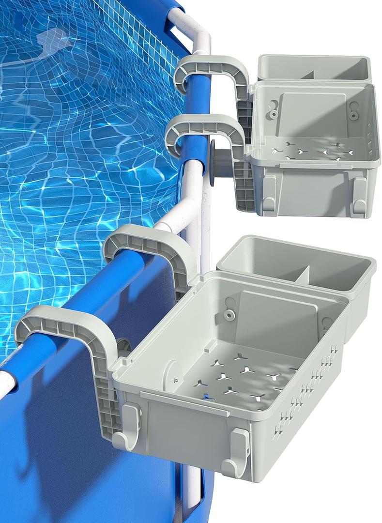 2 Sets Upgrade Poolside Storage Basket, Above Ground Pool Storage Basket with Pool Cup Holder, For Steel Round or Oval Frame Above Ground Pools, Fits 3 Inch or Less Top Rail