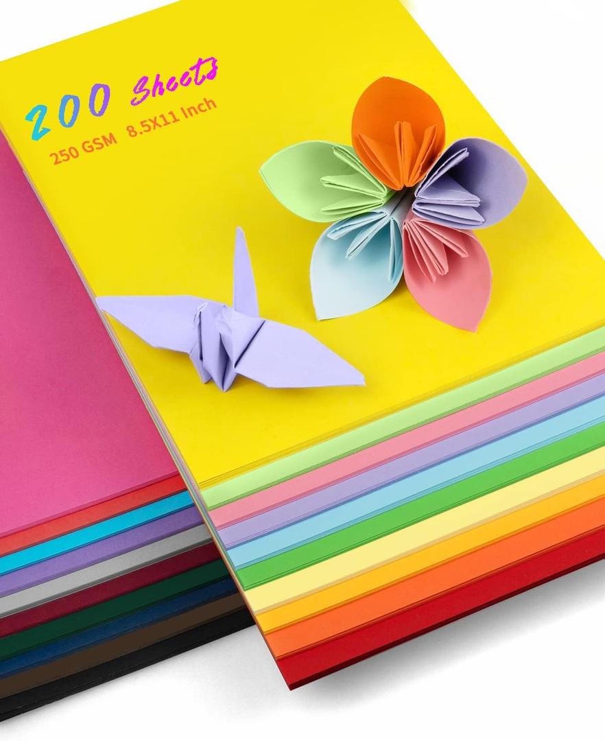 Colored Cardstock 200 sheets, 8.5 x 11 Cardstock Paper - 20 Assorted Colors, 250 GSM Card Stock Printer Paper Scrapbooking Supplies for Diy Crafts, Scrapbooking, Card Making