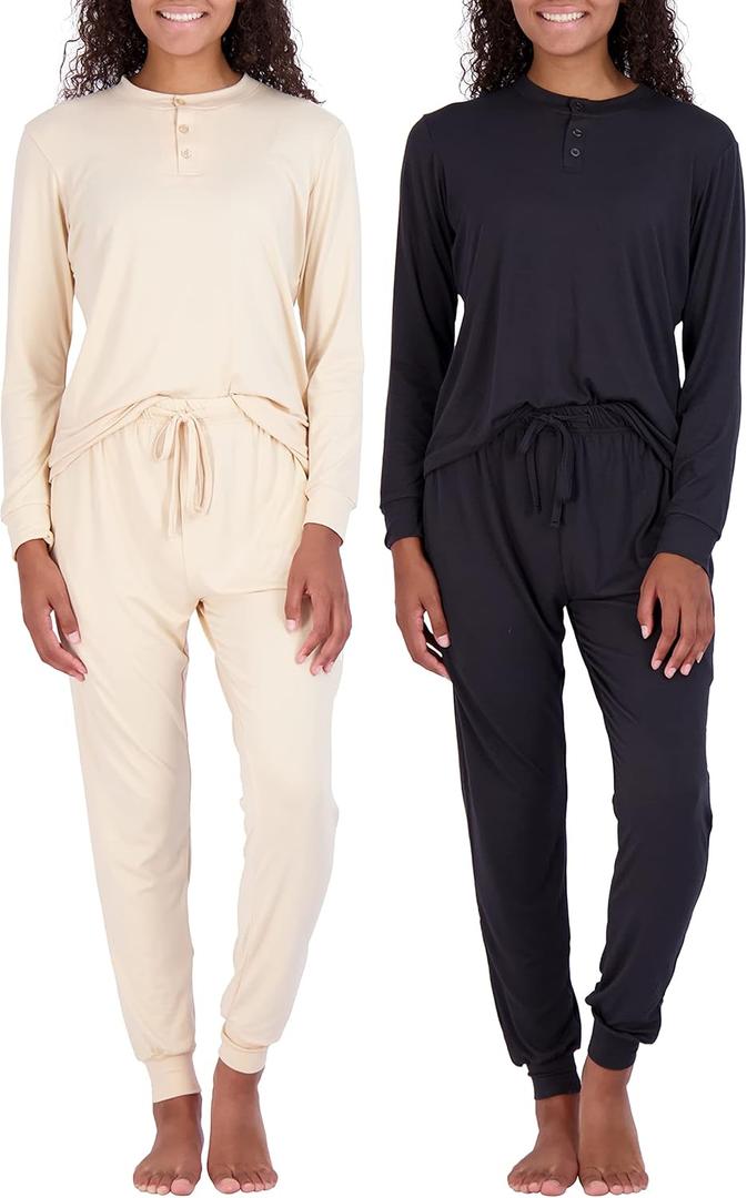 Real Essentials 2 Pack: Women's Soft Long Sleeve Sleep Set - Comfortable Lounge Pull Over Hoodie and Henley Jogger (Medium)