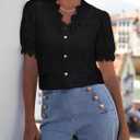 Women Lace Tops Summer V Neck Dressy Casual Button Down Blouses Ruffle Short Sleeve Business Work Shirts (Black, M)