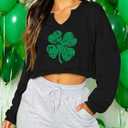 Women's St. Patrick's Day Sweatshirts Long Sleeve Crop Cute Shamrock Clover V Neck Shirts Graphic Tops (Black, L)
