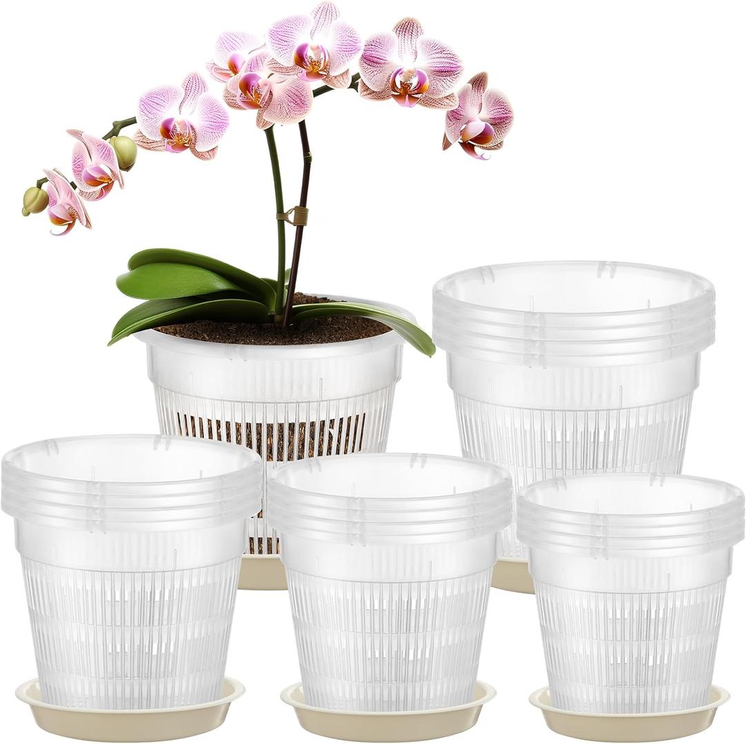 Zhehao 16 Pcs Orchid Pot 4. 5/5. 5/6/7. 5 Inch Clear Orchid Pots with Holes and Saucers Planter Pots Clear Plastic Flower Plant Pot for Garden Repotting Breathable Slotted Orchids Planter Flower