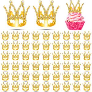 Sintuff 60 Pcs Mini Crown Cupcake Toppers Gold Cake Toppers Crown Small Tiara for Flower Arrangements Princess Headpiece for Birthday Wedding(Gold)