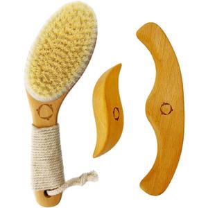 Dry Brushing Body Brush for Lymphatic Drainage-Vegan Dry Brush with Contoured Non-Slip Handle +Wood Therapy Massage Tools. Maderoterapia Kit, Gua Sha, Anti-Cellulite, Body Sculpting, Sensitive Skin