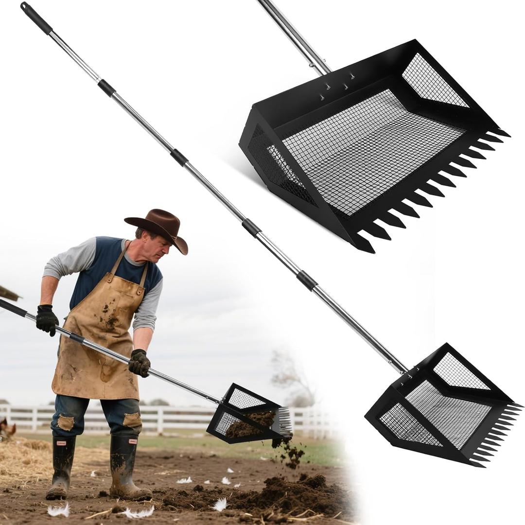 15inch Extra Large Chicken Poop Scooper,Adjustable Chicken Coop Scooper for PoopStainless Steel Chicken Poop Scooper Rake with 24 to 68" Handle,Litter Scooper Sifting Shovel Chicken Coop
