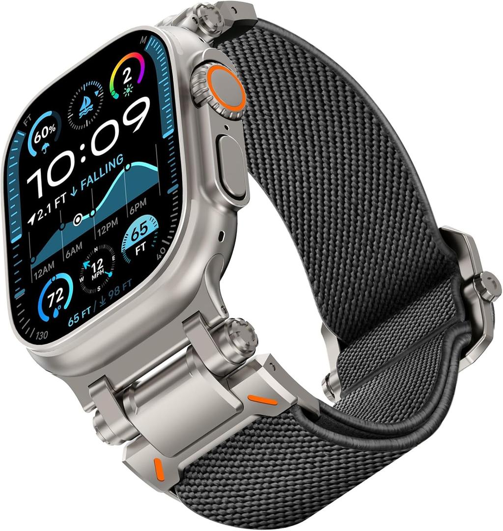 FULLIFE Stretchy Bands for Apple Watch Ultra 3/2/1 Band 49mm 46mm 45mm 44mm for Men, Rugged Solo Loop Nylon Sport Elastic Braided Straps for iWatch Series 11 10 9 8 7 6 5 4 3 SE3 with Metal Connector (Titanium Adapter-Gray)