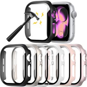 Rontion 6 Pack Hard PC Case Compatible with Apple Watch Series 11/10 42mm with Tempered Glass Screen Protector, Ultra-Thin Scratch Resistant Protective Bumper Cover for iWatch 11/10 42mm Accessories (Black+Starlight+Clear+White+Pink+Rose Gold)