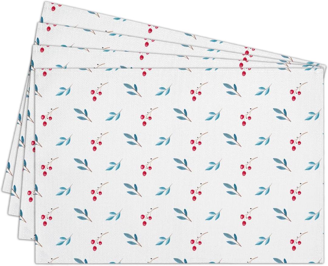 Cotton Linen Waterproof Placemats Set of 4, Berries Dining Mat Table Mats Decor Fabric for Kitchen Dinner Coffee Shop Table, Indoor/Outdoor Washable Wipeable Placemat -N033