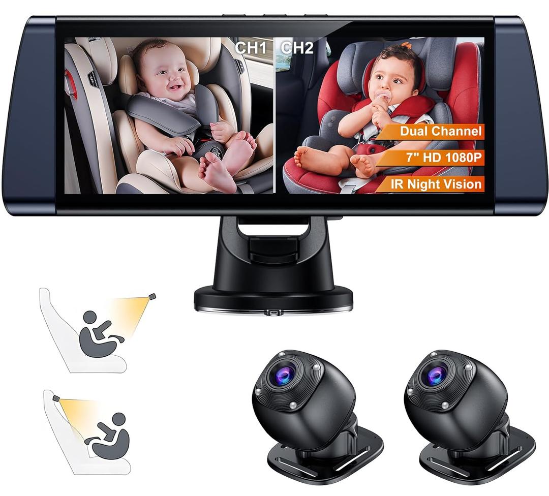 Baby Car Camera for 2 Kids - 7" Split Screen with Dual Carseat Camera - USB Plug and Play Easy Install - Safety Rear Facing Infant Back Seat Monitor with HD 1080P, Night Vision - Black