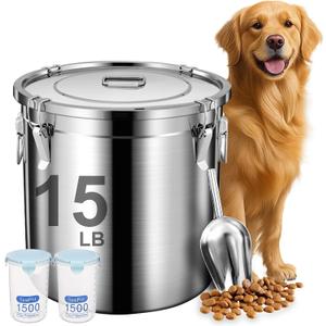 Newget Dog Food Storage Containers, Large Stainless Steel Pet Food Storage Containers 15 lb / 6.5 kg to Keep Fresh, Metal Airtight Cat Food Containers With Scoop and 2 Small Containers