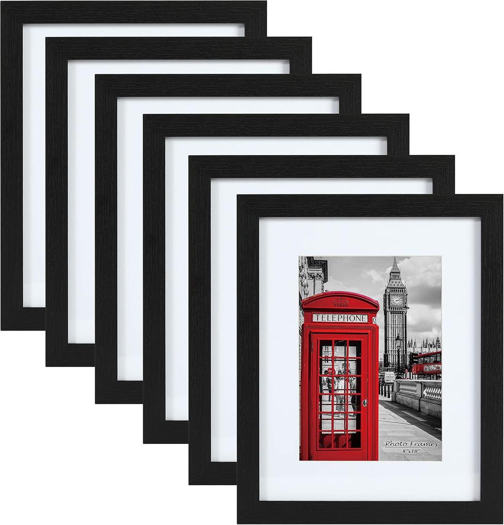 PEALSN 8x10 Picture Frame Set of 6, Display Picture 5x7 with Mat or 8x10 Without Mat, Black Woodgrain