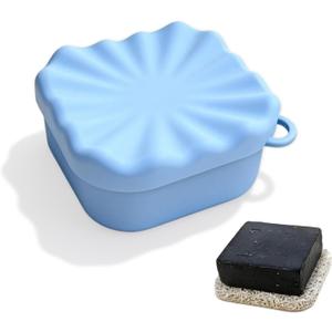 Leakproof Travel Soap Case, Elimeta Square Silicone Soap Container with Lid Shatterproof Shower Holder Bar for Bathroom Camping Outdoor (Blue)
