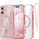 Meifigno Designed for iPhone 17 Case 6.3", [Glitter Card & Wrist Strap] [Compatible with MagSafe] [2X HD Screen Protectors] Surround Raised Lens Protection for iPhone 17 Case 6.3 Inch, Rose Gold