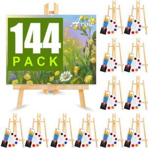 144 PCS Professional Painting Set, 12 PCS Wood Easels,12 Packs of 120 Brushes with Nylon Brush Head and 12 PCS Palettes, Painting Supplies kit for Kids & Adults Party.