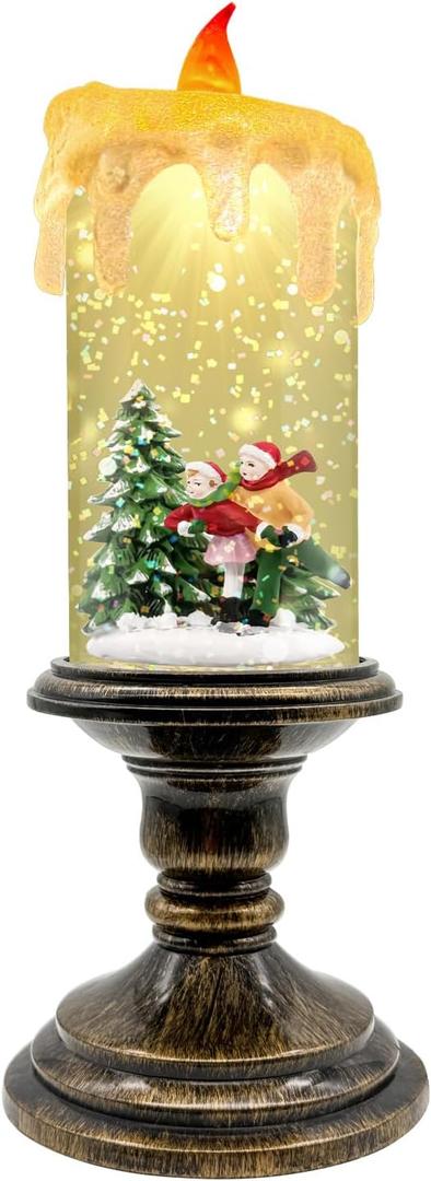 Christmas Snow Globe Candle Lantern with Timer, Rotating Glitter Water, Flameless LED Candle, Battery Operated (3AA), Vintage-Style Holiday Decoration for Tabletop & Mantel