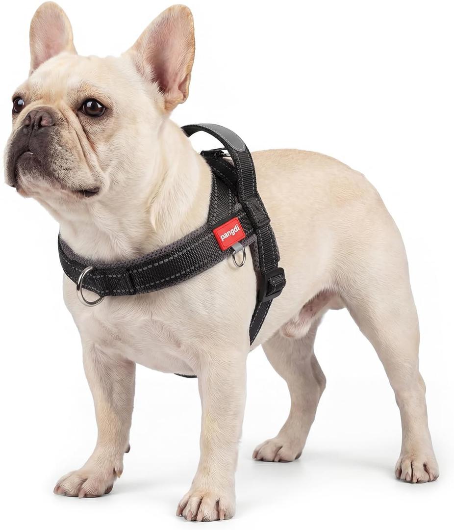 No Pull Dog Harness with Handle, Boston Terrier Adjustable Reflective Dog Vest, Breathable Air Mesh Padded Pet Harness with Front Leash Clip for Small Medium Dogs, Black, M