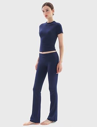 PUMIEY Women's 2 Piece Lounge Sets Short Sleeve Tops Fold-Over Flare Pants Casual Outfits Matching Set Nap Collection XS