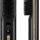 Cordless Hair Straightener Brush, Go Brush Pro, Portable Crystal Diamond Bling Mini Straightening Brush for Travel, Negative Ion Hot Comb with 9 Temps, Anti-Scald Ceramic, Fast Charging for Women,A-black With Chorme Gold