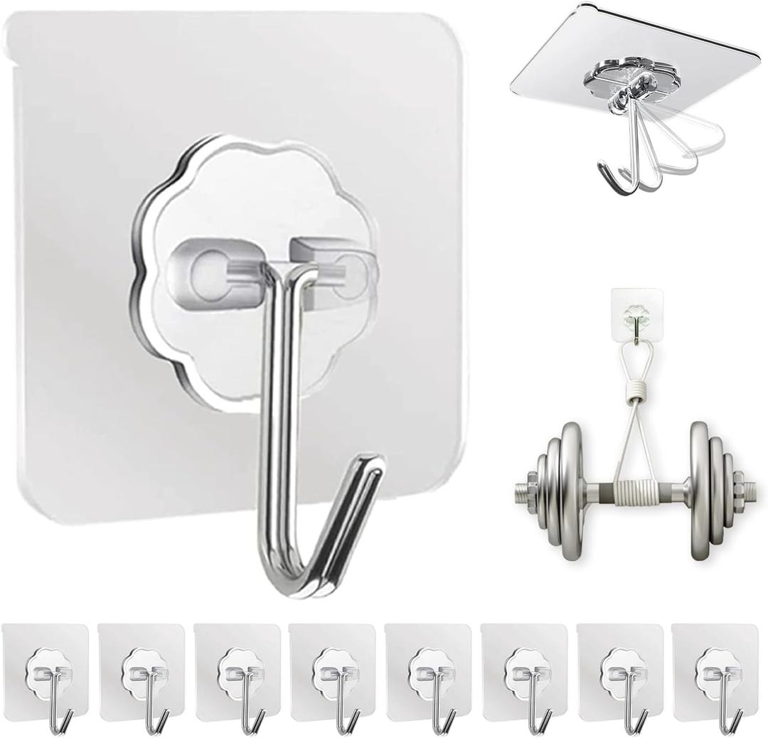 Adhesive Wall Hooks for Hanging Heavy Duty 50 lbs Large Hooks for Walls No Damage, Towel Sticky Clear Hook, Waterproof, Home, Bathroom, Kitchen, Office, and Outdoor 10 Pack (Transparent)